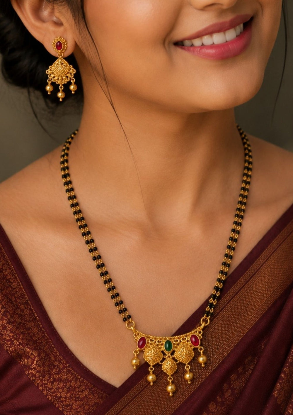 Beautiful 18K gold plated mangalsutra set featuring traditional double black bead chains, decorative pendant, and matching earrings. Lightweight, elegant, and perfect for daily wear, weddings, and traditional occasions.