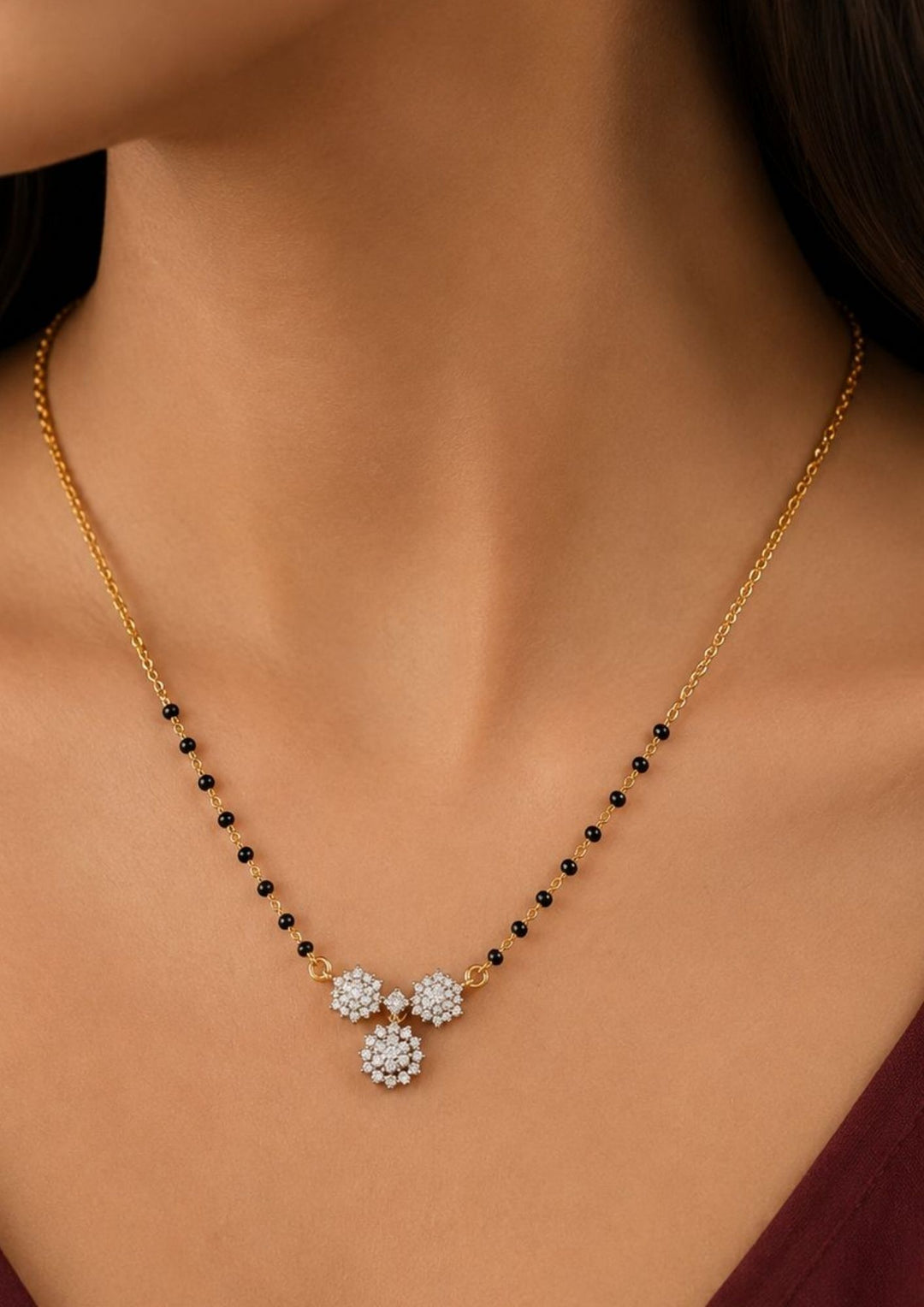 close up of 18k Gold Plated Zircoin Diamond mangalsutra ideal for dailywear skin friendly 