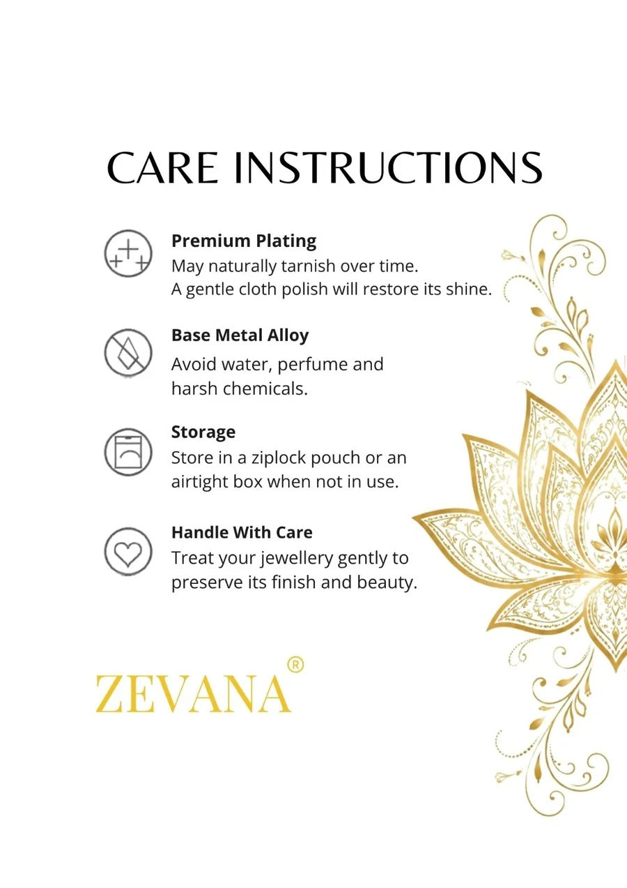 Care instructions card for Zevana jewellery, featuring a gold lotus illustration on a white background with text detailing care instructions for premium plating, base metal alloy, storage, and handling.