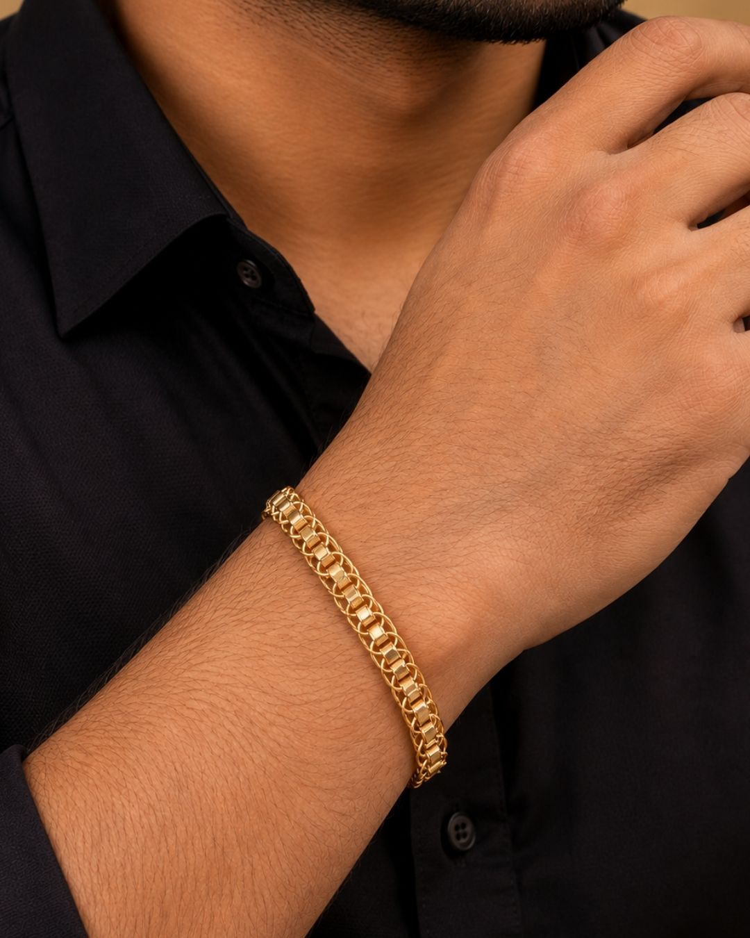 Premium gold plated bracelet featuring intricate interlocking links and elegant geometric detailing. Perfect for daily wear, festive occasions, traditional outfits, and gifting.