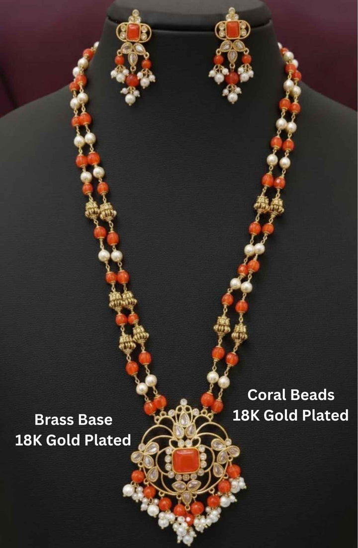 18k gold plated coral Beaded necklace with earrings