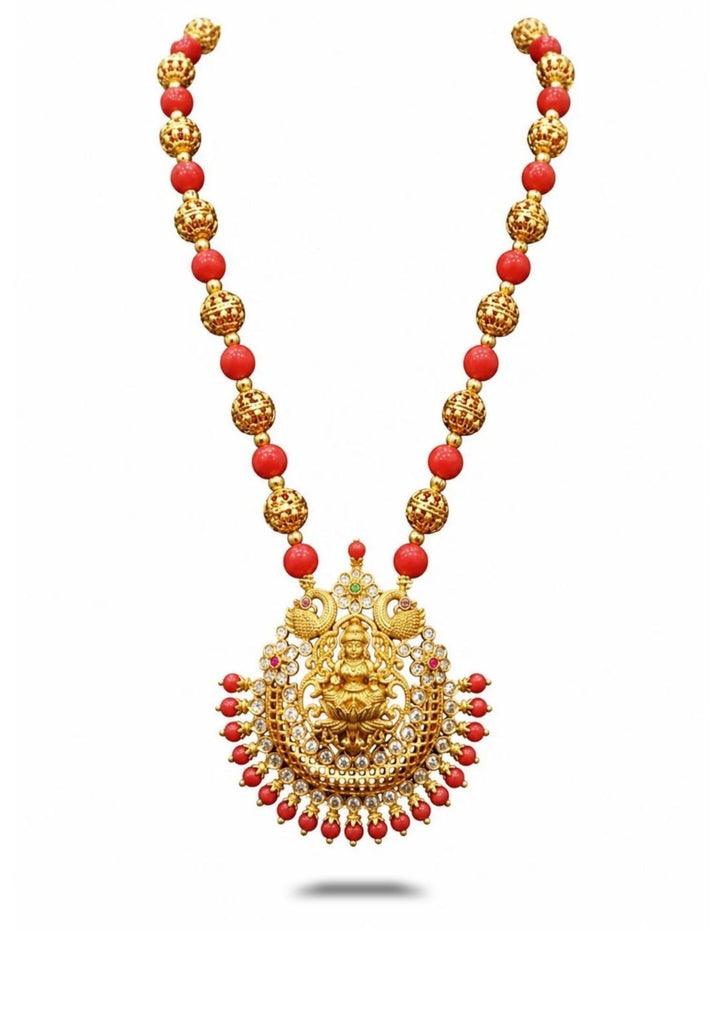 peacock desgin with laxmi devi temple  gold plated necklace on white background intricate design for festive ,functional use and perfect for gifting