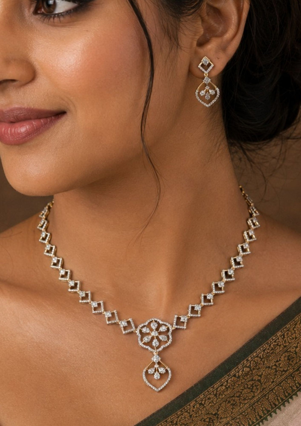 Close-up of a south indian woman wearing Zircon diamond gold-plated necklace and earrings with classic model and flower design and shown very detailed in picture how it looks and do use for weeding's , festivals and can gift 