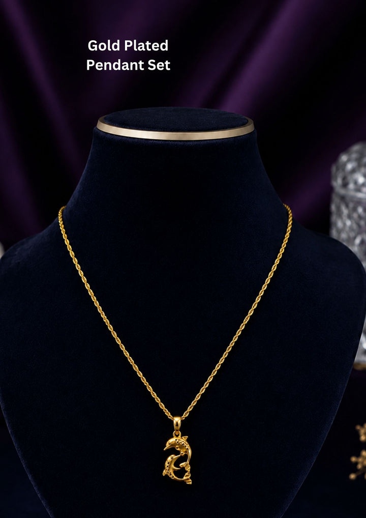 Two dolphins are depicted in a playful, curved position, forming a loose yin-yang or circular shape. The dolphins feature textured detailing along their backs to give them a shimmering, patterned look.