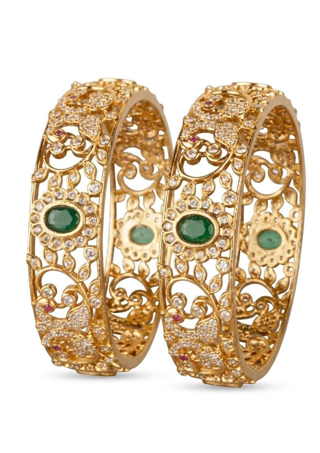 Emerald gold plated bangles pair on white background intricate design and functional use and perfect for gifting 
