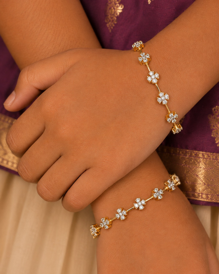 gold plated flower bangles come with zircon diamond and in picture shows clearly how it looks looks very classy and simple and ani faded and skin safe and can be used for daily ware, office ware and festivals
