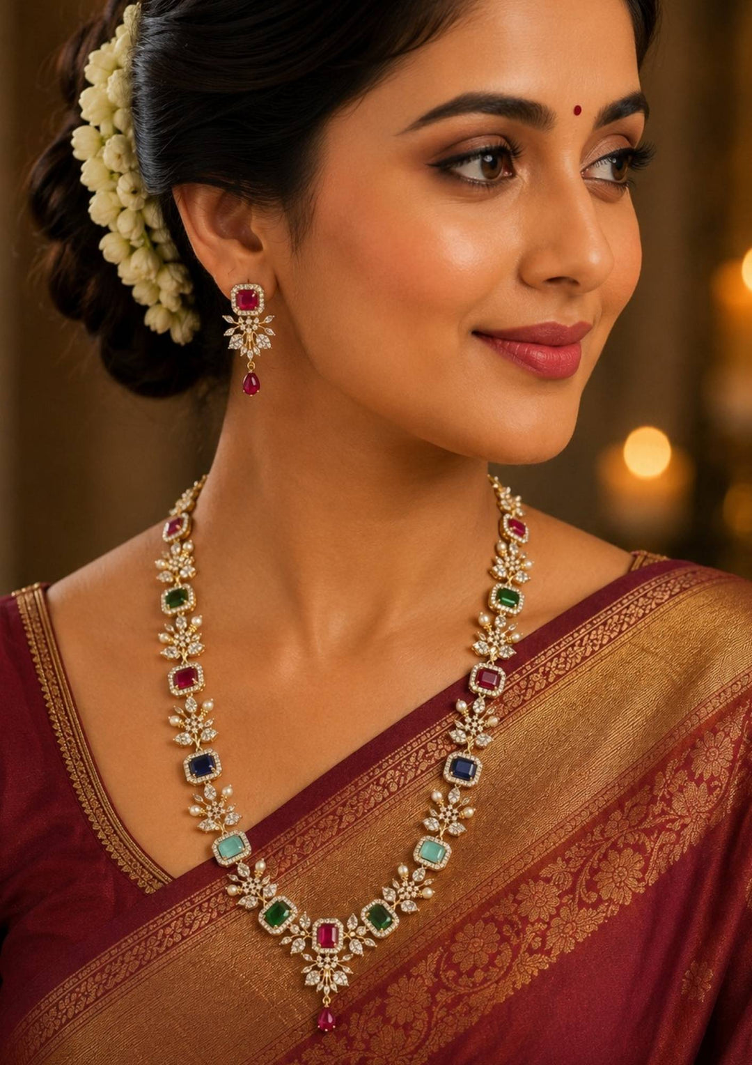 South indian women wearing a Gold-plated navratnam necklace and earrings set designed with pink, green , red, blue gemstones in a flower shape design with white american diamonds and this long haram set comes with matching flower shaped earring with pink gemstone. perfect for weddingwear, functions. its anti fade color and sweat proof