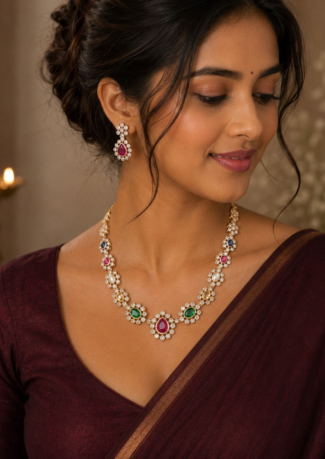 South Indian women wearing a  Elegant Navaratna jewellery set crafted with vibrant multicolor stones, brilliant CZ accents, and matching earrings for weddings and festive occasions.