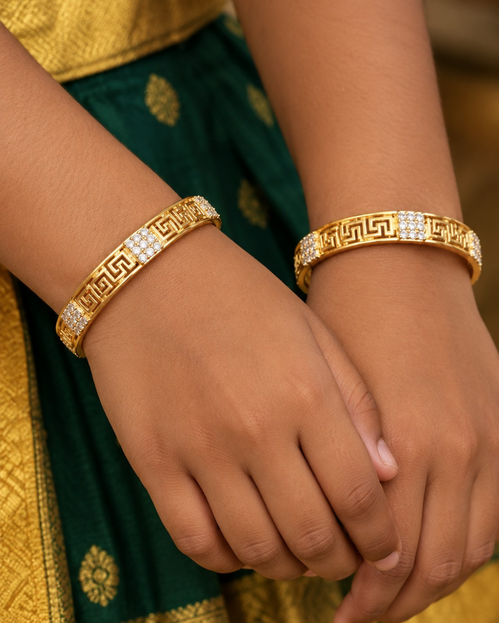 gold plated classic bangles come with zircon diamond and in picture shows clearly how it looks looks very classy and simple and ani faded and skin safe and can be used for daily ware, office ware and festivals