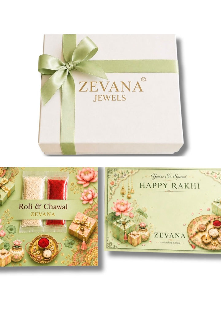 Zevana Jewels Rakhi gift set featuring a white gift box with a light green ribbon, a decorative greeting card, and an inset image showing the included roli, chawal, and rakhi.