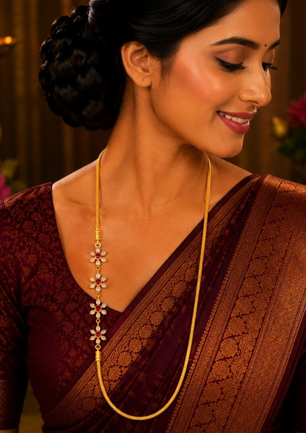 South indian women wearing 18k gold plated thali chain featuring a distinctive side mogappu pendant designed as a vertical row of four connected flowers, each meticulously crafted with sparkling white zircon petals and a deep ruby pink central stone. This delicate woven gold chain offers a premium, elongated boutique appearance suitable for weddings, festive celebrations, poojas, family milestone events, traditional sarees, and bridal wear with skin-friendly quality, anti-fade long-lasting polish, lightweig