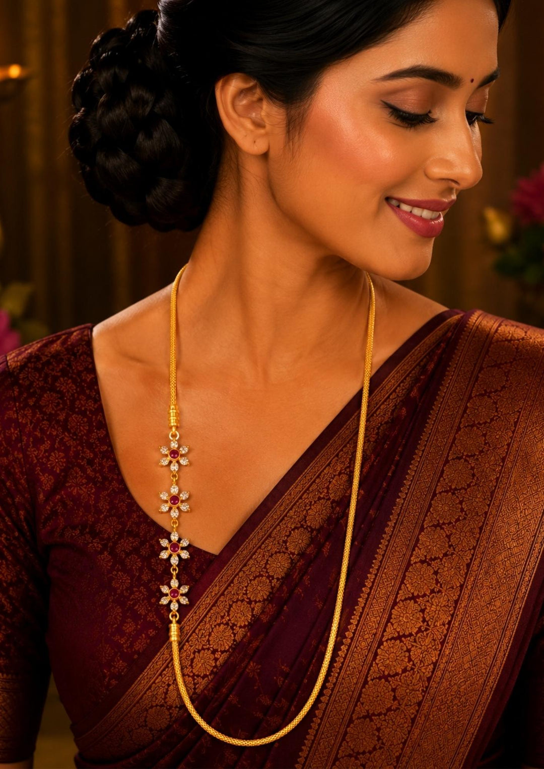 South indian women wearing 18k gold plated thali chain featuring a distinctive side mogappu pendant designed as a vertical row of four connected flowers, each meticulously crafted with sparkling white zircon petals and a deep ruby pink central stone. This delicate woven gold chain offers a premium, elongated boutique appearance suitable for weddings, festive celebrations, poojas, family milestone events, traditional sarees, and bridal wear with skin-friendly quality, anti-fade long-lasting polish, lightweig