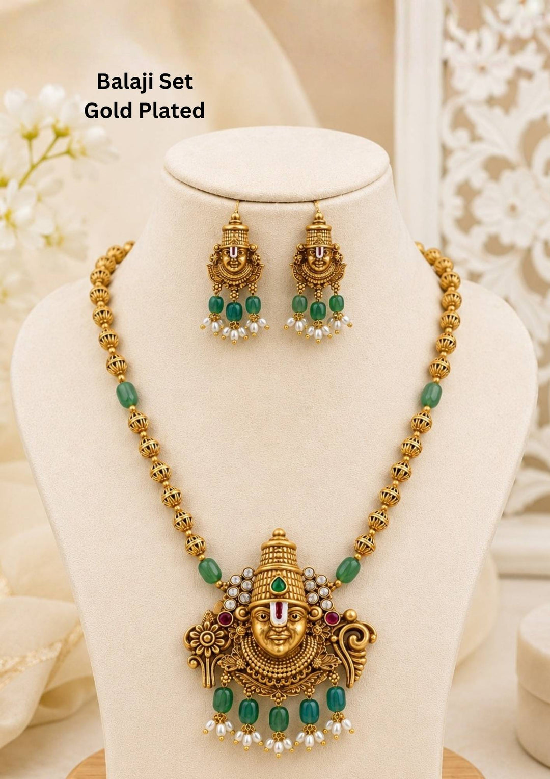 it is designed with  Lord Balaji , antique temple finish with green bead drops, gold beads chain with rice beads at the end, perfect for weddings, poojas, temple functions, Bharatanatyam, sarees, lehengas, and traditional ethnic wear with royal gold look.