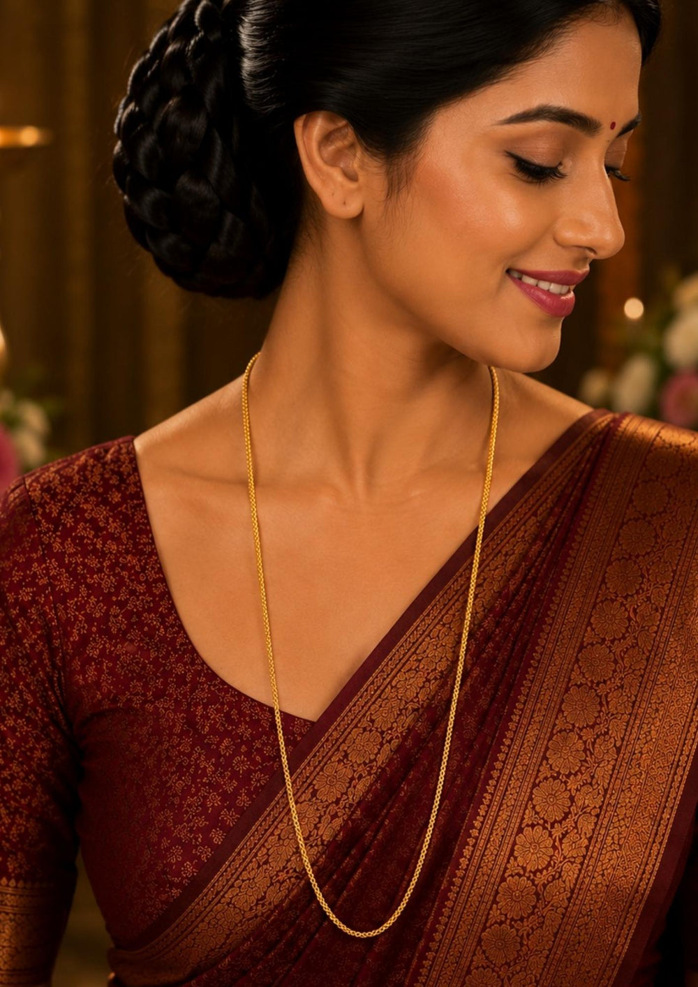 South Indian Women wearing a Elegant 18K gold plated Thali chain featuring a sleek and lightweight chain design accented with link pattern. The simple yet stylish pattern offers a traditional South Indian look, making it ideal for daily wear, office wear, casual outings, poojas and festive occasions.