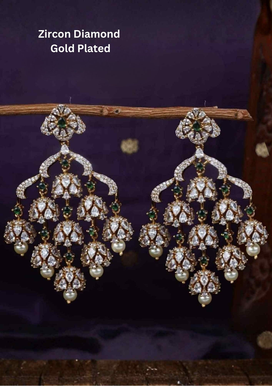 Zircon diamond gold plated green geam stones light weight earrings are waterproof, anti fade used for daily wear, office wear, weddings, and ideal for gifting. 