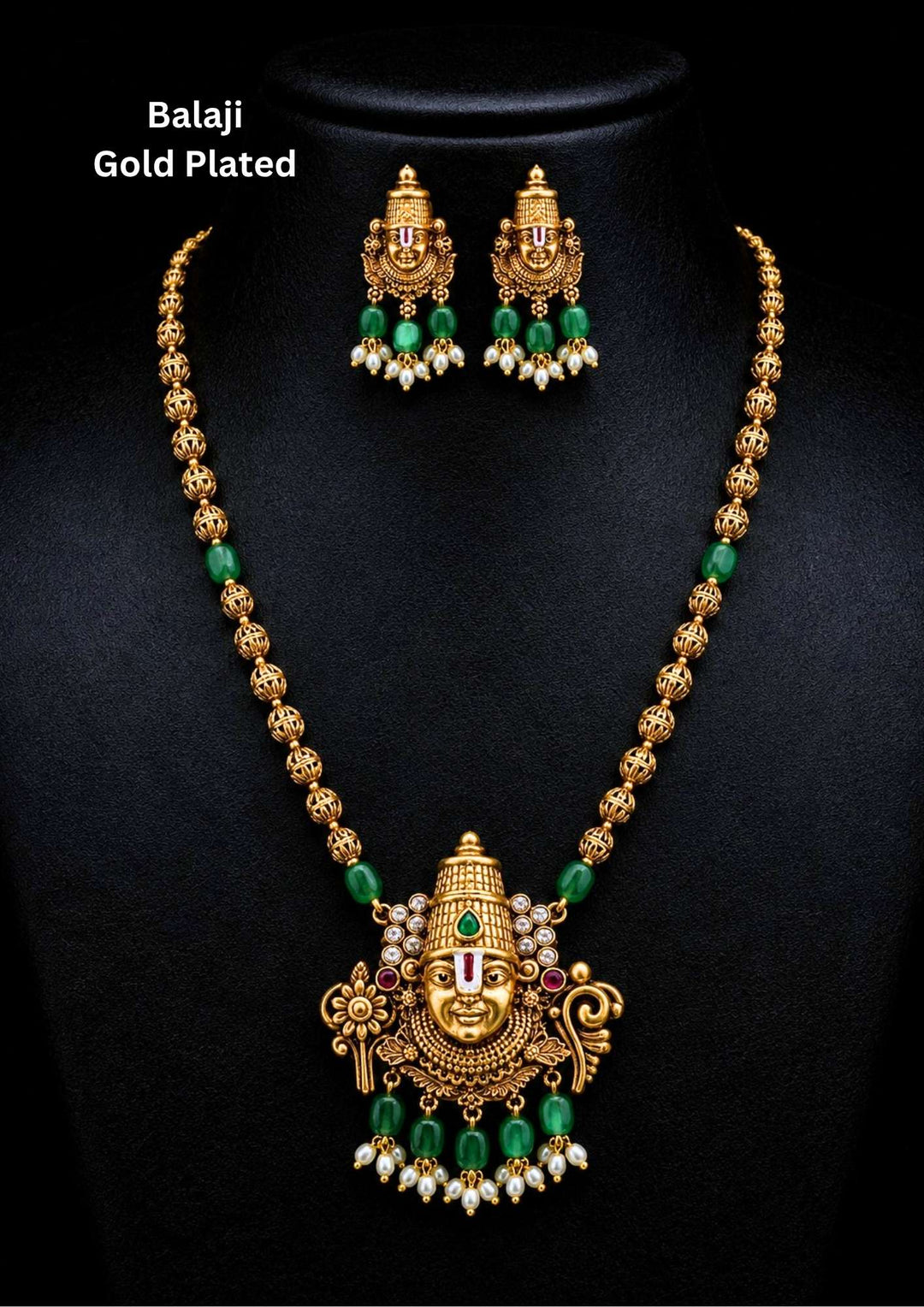 it is designed with  Lord Balaji , antique temple finish with green bead drops, gold beads chain with rice beads at the end, perfect for weddings, poojas, temple functions, Bharatanatyam, sarees, lehengas, and traditional ethnic wear with royal gold look.