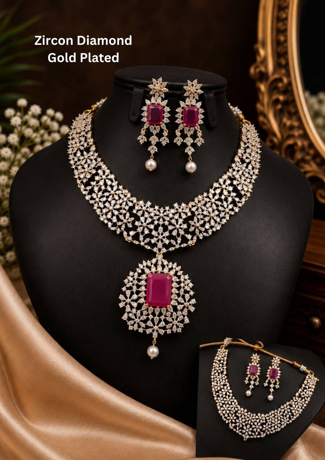 A premium gold plated choker jewelry set featuring a wide, flexible mesh band meticulously encrusted with hundreds of tiny star-shaped white zircon stones. The center drops down to a grand circular floral pendant framing a large, emerald-cut hot pink crystal with a single hanging pearl. It comes complete with matching long, dangling geometric floral earrings.