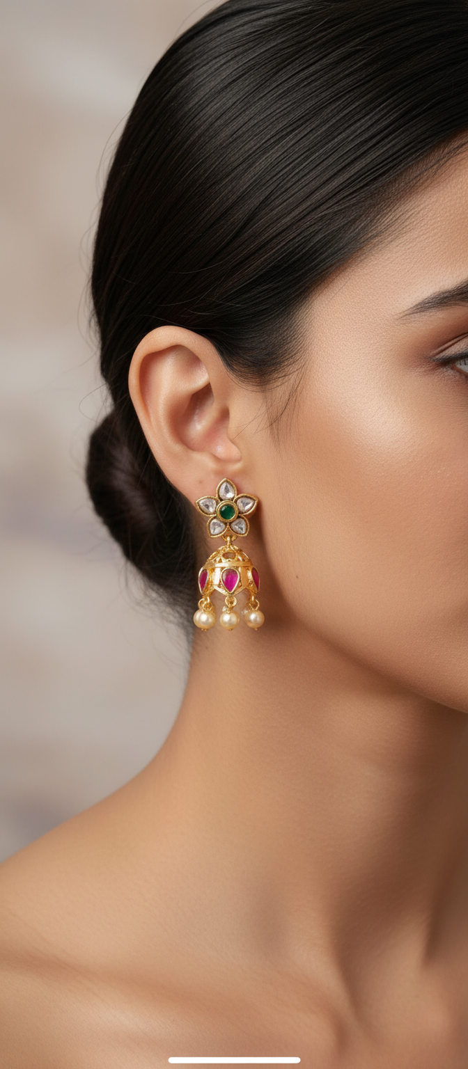 women wearing these jadau kundan jhumkas screwback