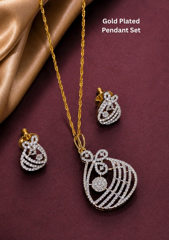 Zircon diamond gold plated pendant with matching earrings featuring a sparkling floral bow-inspired design. with brilliant crystal detailing and matching stud earrings.Perfect for daily wear, gifting and special occasions.