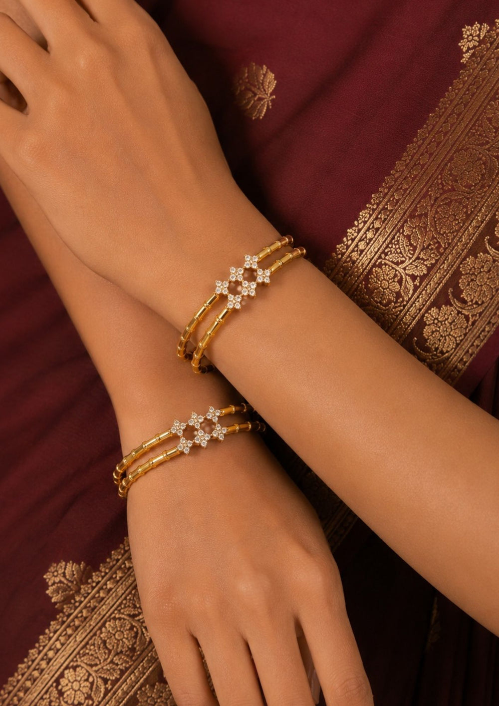 South Indian women Gold-plated bangles with zirconia diamond stones and in picture comes with set of 4 and looks vert clear in picture how it looks and also in the bangles looks in detailed and can be used for office ware , festivals and functions 