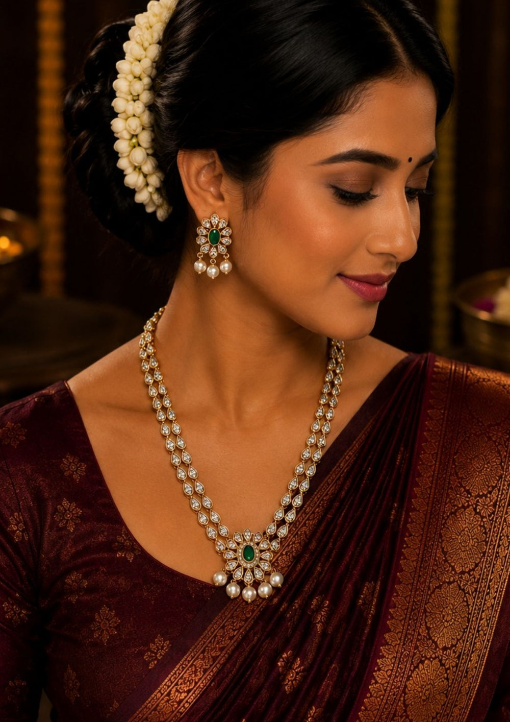 South indian women wearing a Zircon diamond gold plated two-layer necklace set featuring double rows of shimmering teardrop white zircon stones, an elegant central floral accent with an oval green emerald, and delicate hanging white pearls. This matching lightweight set includes floral emerald drop earrings with pearl details, providing a rich, royal appearance suitable for weddings, re-marriages, festivals, receptions, family functions with skin-friendly quality, anti-fade color.