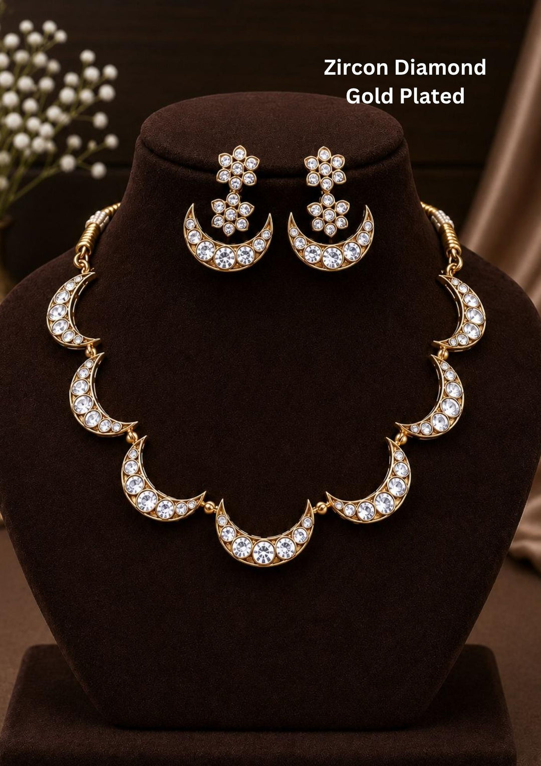 Gold-plated zircon diamond necklace and earrings set designed with half moon shape pendant and matching earrings perfect for parties and its anti fade color