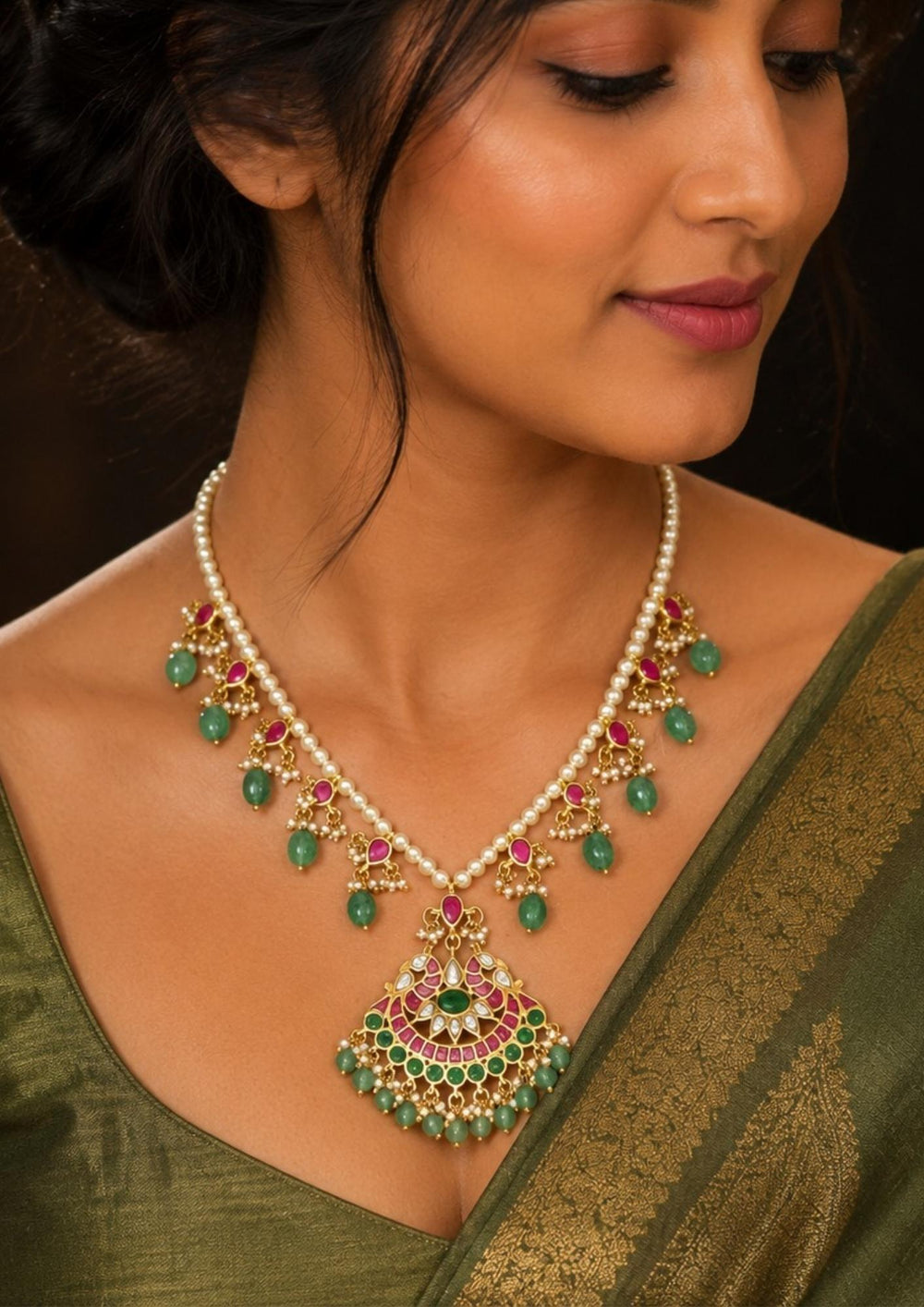 South indian Woman wearing a A traditional 18k gold plated haram necklace featuring a single strand of elegant white pearls. The lower half is accentuated with hanging ruby-pink and emerald-green stone links that culminate in a large, fan-shaped central pendant intricately inlaid with colorful gemstones, finished with a fringe of dangling green beads and tiny pearl clusters, perfect for weddings, bridal wear, receptions, office and it comes with anti tarnish , anti color fade and skin friendly