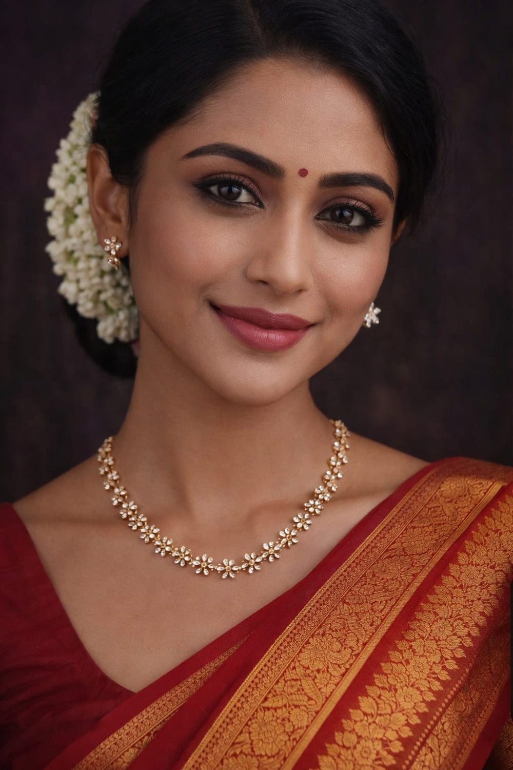 Gold plated flower necklace with earrings imitation on south indian female photo