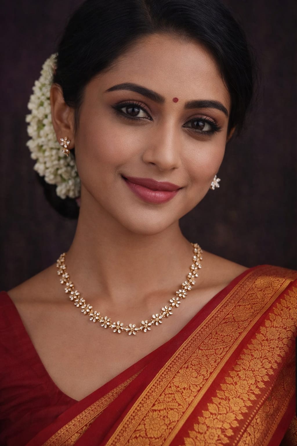 Gold plated flower necklace with earrings imitation on south indian female photo
