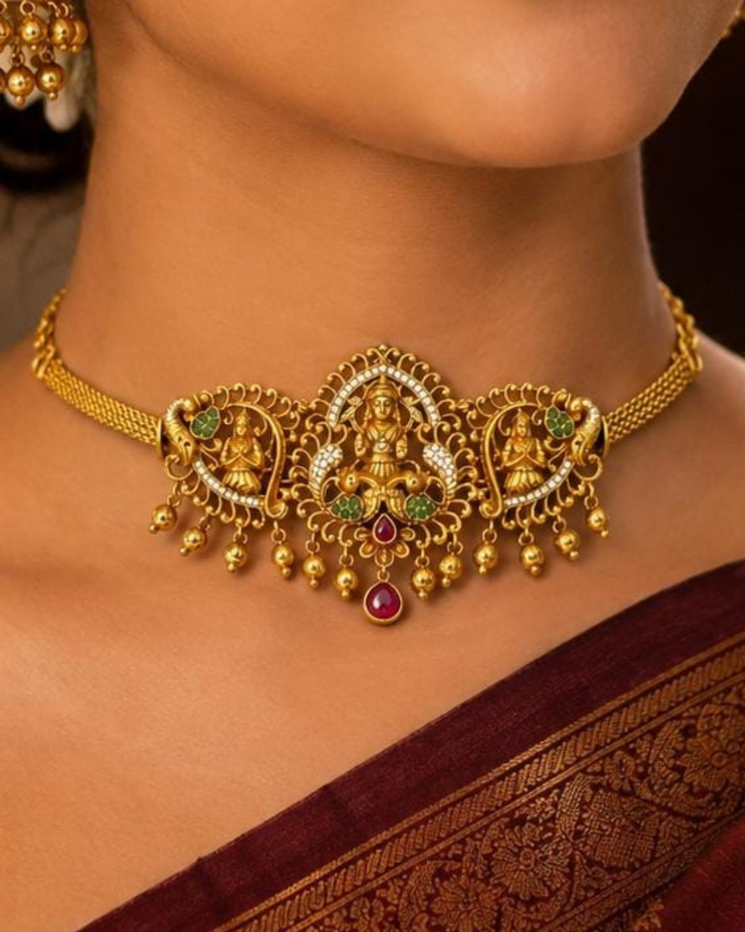 Shop Gold Plated 2-in-1 Choker &amp; Bajuband featuring an elegant Goddess Lakshmi centerpiece, intricate peacock motifs and green-pink stone detailing. Perfect for weddings, festivals, traditional wear and special occasions. COD available at Zevana.