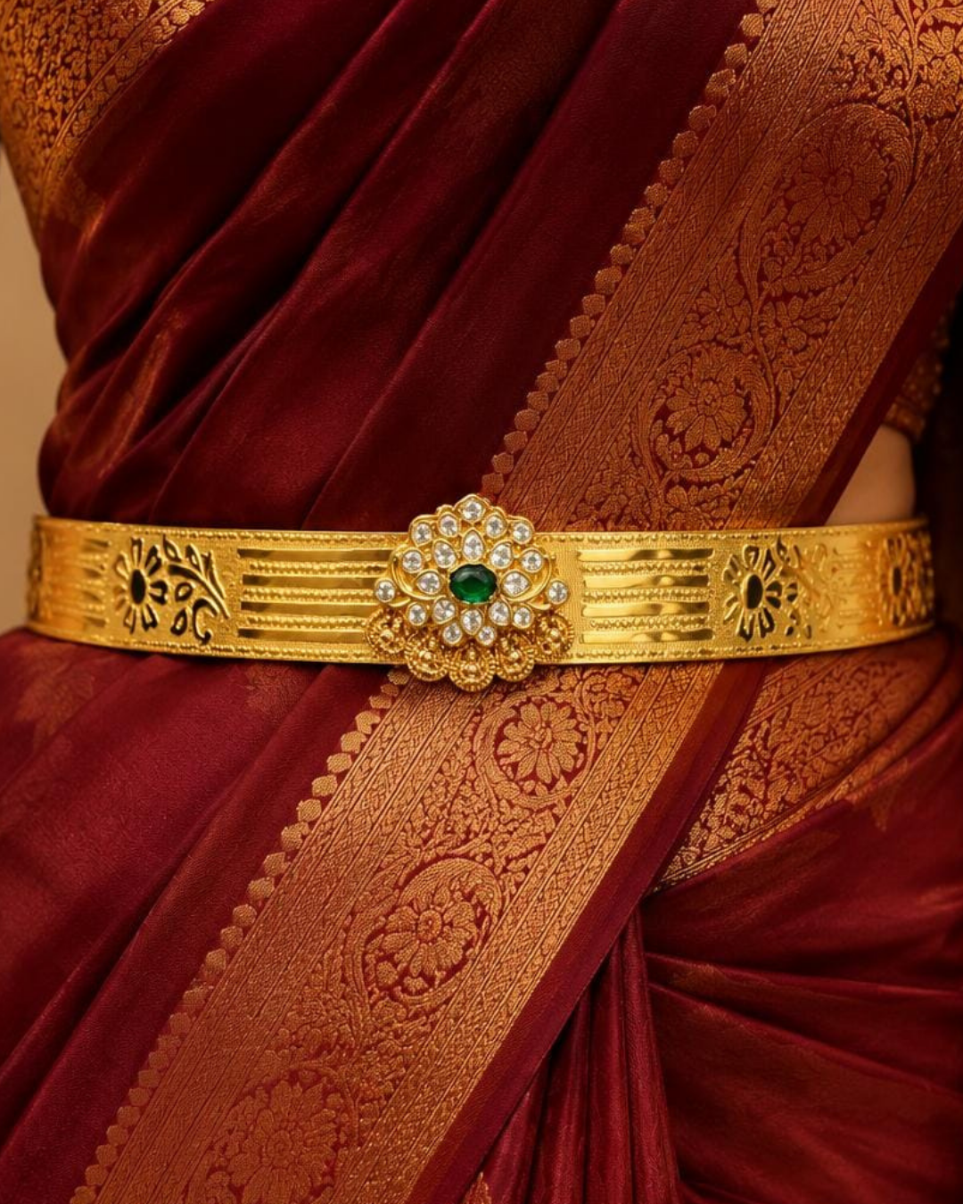 Beautiful gold plated adult hip belt featuring an intricately engraved wide band with floral motifs and a central green gemstone surrounded by sparkling clear stones. Perfect for traditional wear, weddings, festive occasions, bridal styling, parties, and gifting.