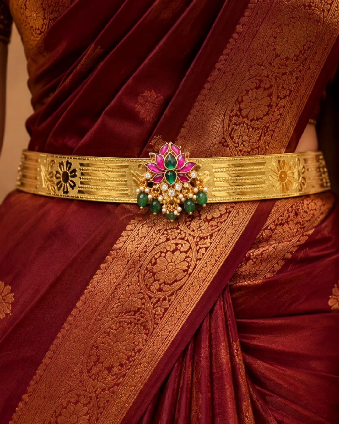 Beautiful gold plated adult hip belt featuring a wide intricately engraved band with traditional floral motifs and a decorative centerpiece adorned with green and pink stones, clear stones, and elegant green bead drops. Perfect for traditional wear, weddings, festive occasions, bridal styling, parties, and gifting.