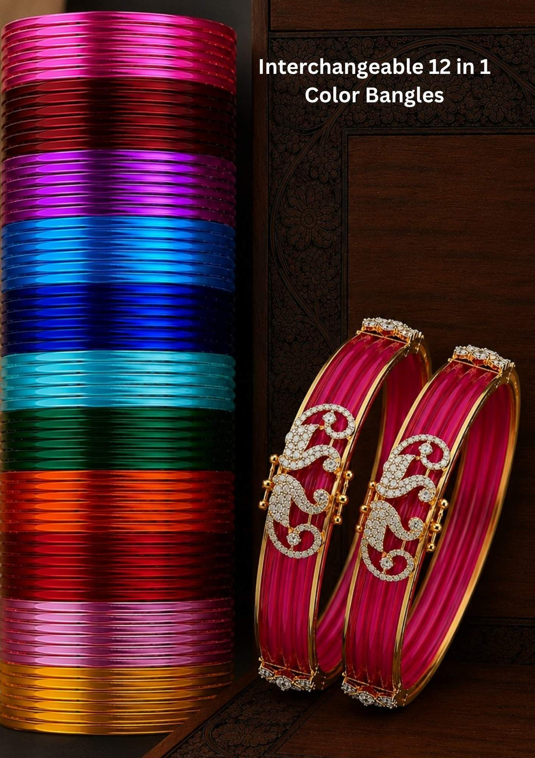 Beautiful interchangeable 12 in 1 fiber bangles featuring twelve vibrant colour combinations with a detachable zircon diamond gold plated centerpiece. Perfect for weddings, festive occasions, traditional wear, parties, and everyday styling.
