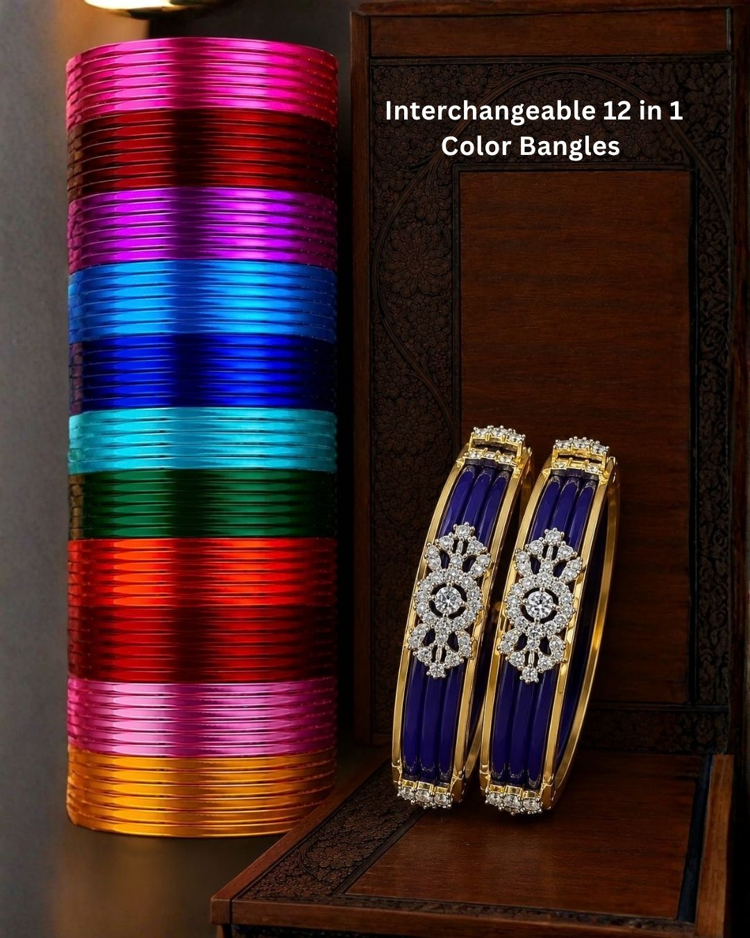 Designer gold plated bangles featuring deep blue detailing, sparkling white stone floral motifs, and polished gold borders, perfect for festive, wedding, traditional, and special occasions.
