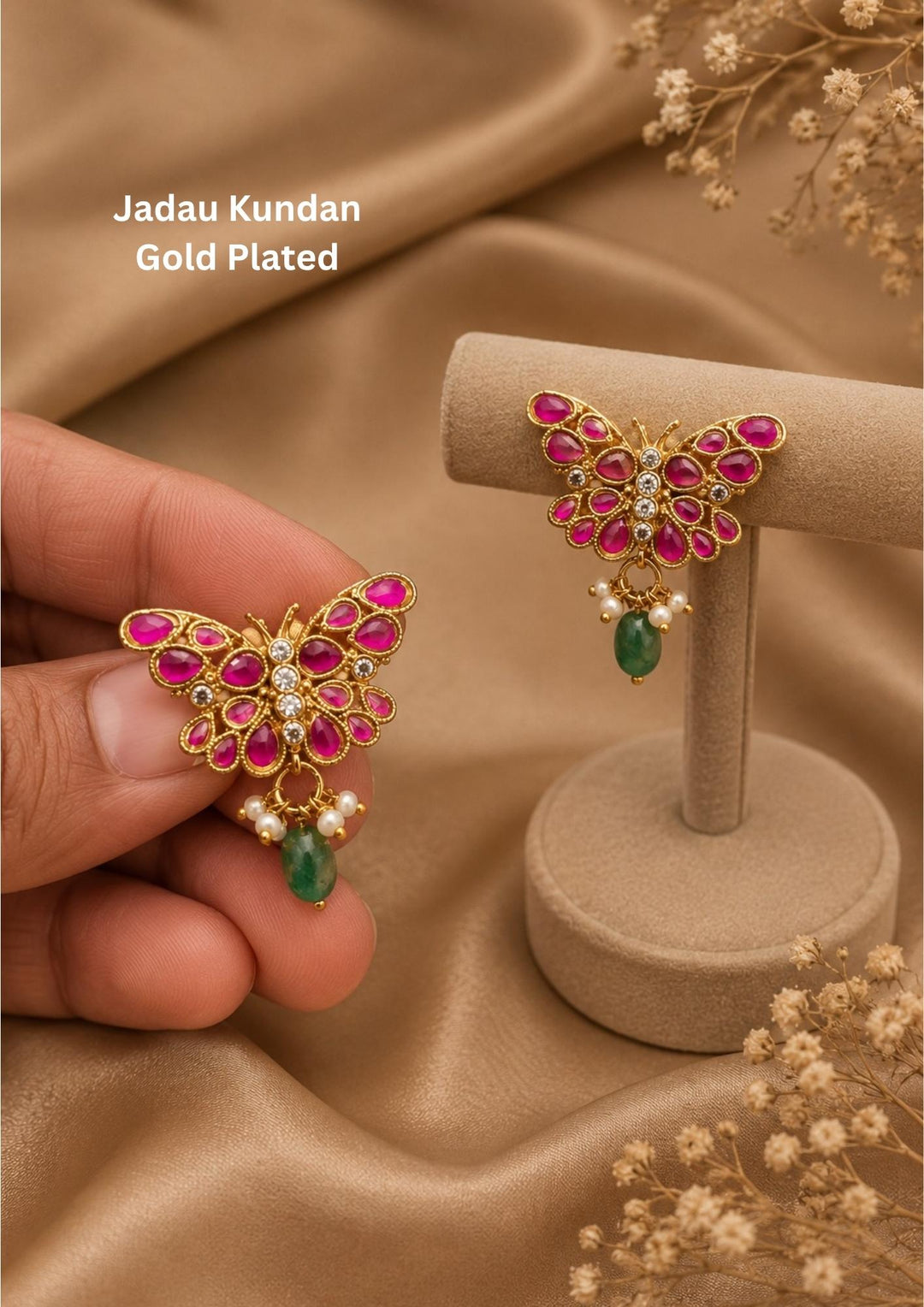 jadau kundan Gold-plated butterfly earrings with pink and green stones perfect for dailywear and festivals, its anti fade color