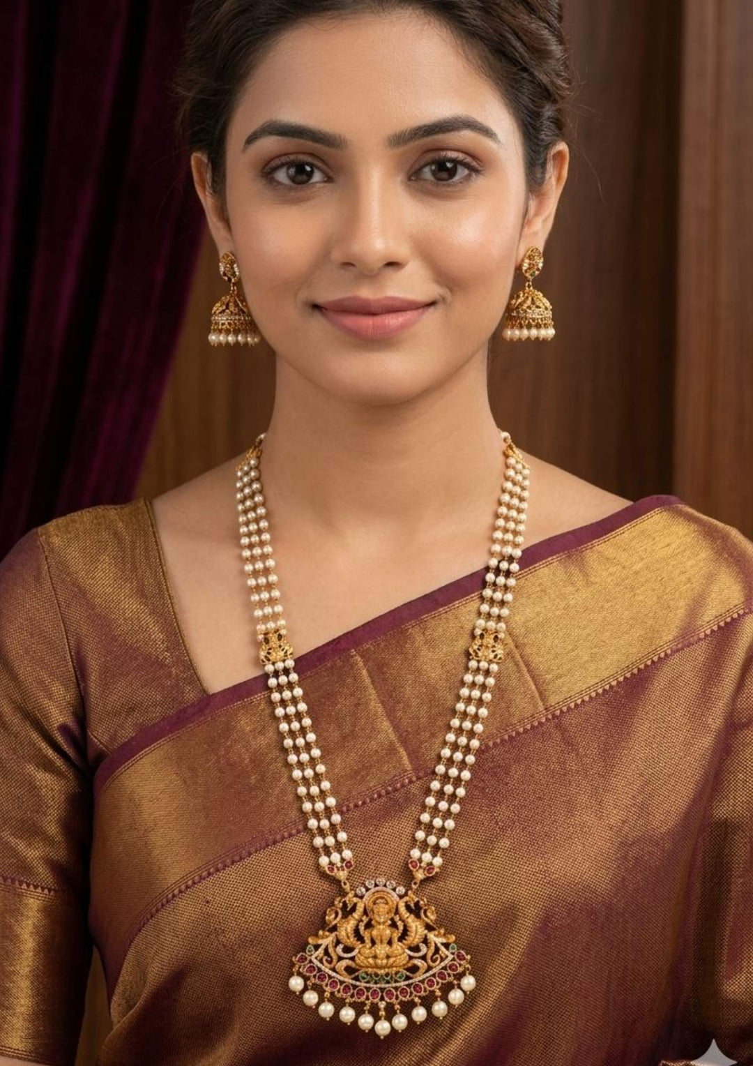 South indian Women wearing a Jadau Kundan Gold Plated Temple Lakshmi Devi Beaded Necklace with Earrings design with pearl drop hangings with three row chain with whitw pearl drops . perfect for weddings