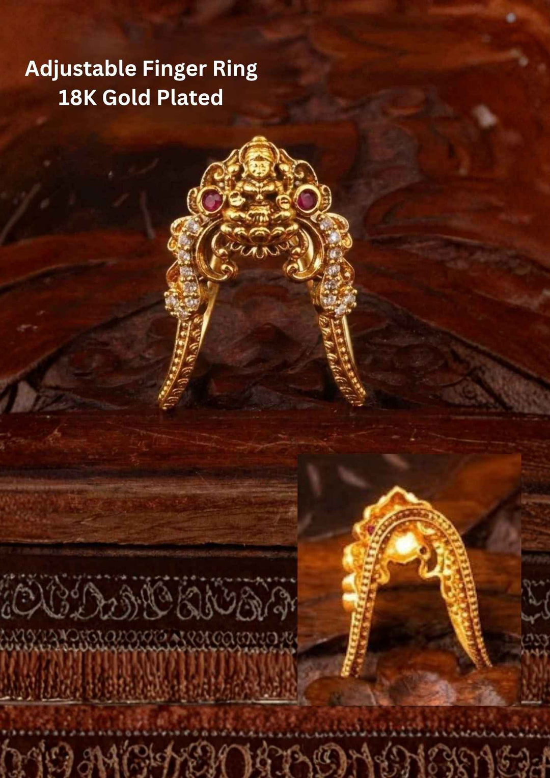 Kundan Gold Plated Lakshmi Devi Temple Adjustable Vanki Finger Ring 