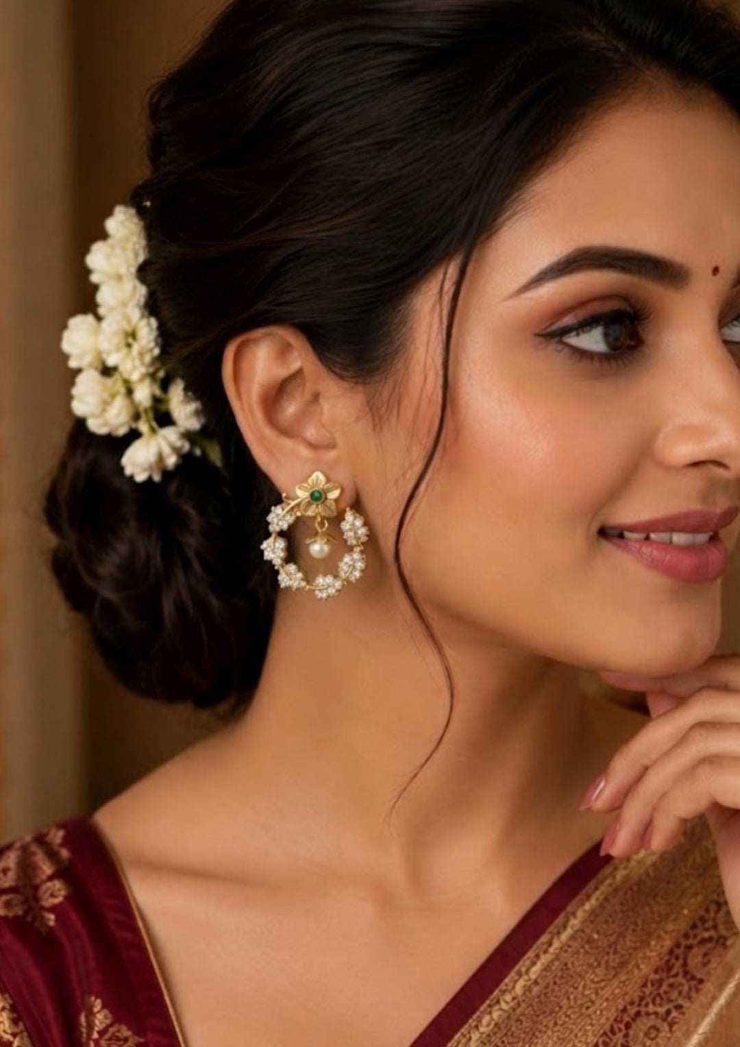 Woman wearing floral earrings 