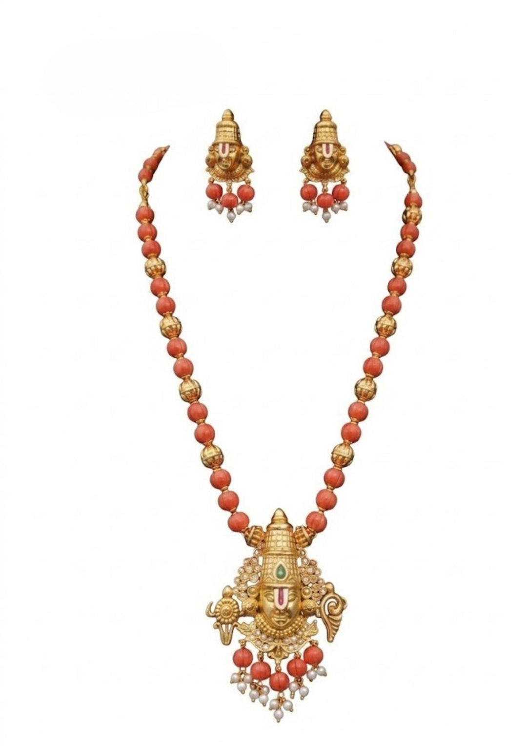 Gold Plated Balaji Coral set featuring a long bead necklace with a detailed Lord Venkateswara pendant and matching stud earrings. The set combines vibrant orange coral beads, textured gold spacer beads, a green crown stone, and completed with white pearl guttapusalu. Perfect for traditional wear, festivals, lightweight comfort, sweat proof quality, anti-fade colour, skin-friendly finish, and is suitable for weddings, pooja functions, 