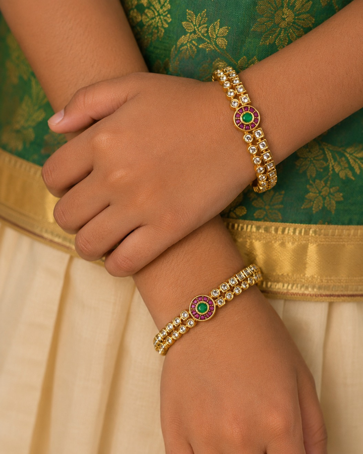 traditional Panchaloham bangles Pair of gold plated with gemstones with waterproof, anti fade used for festivals , weddings, and ideal for gifting. 