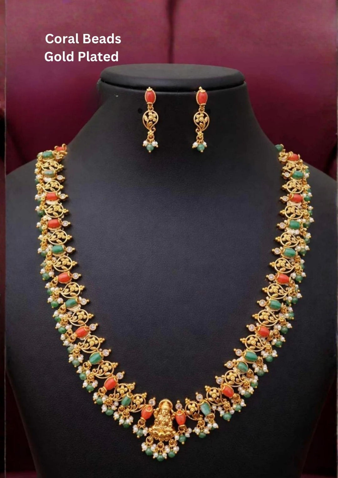 Kundan Gold Plated Laxmi Devi Coral Haram with Earrings