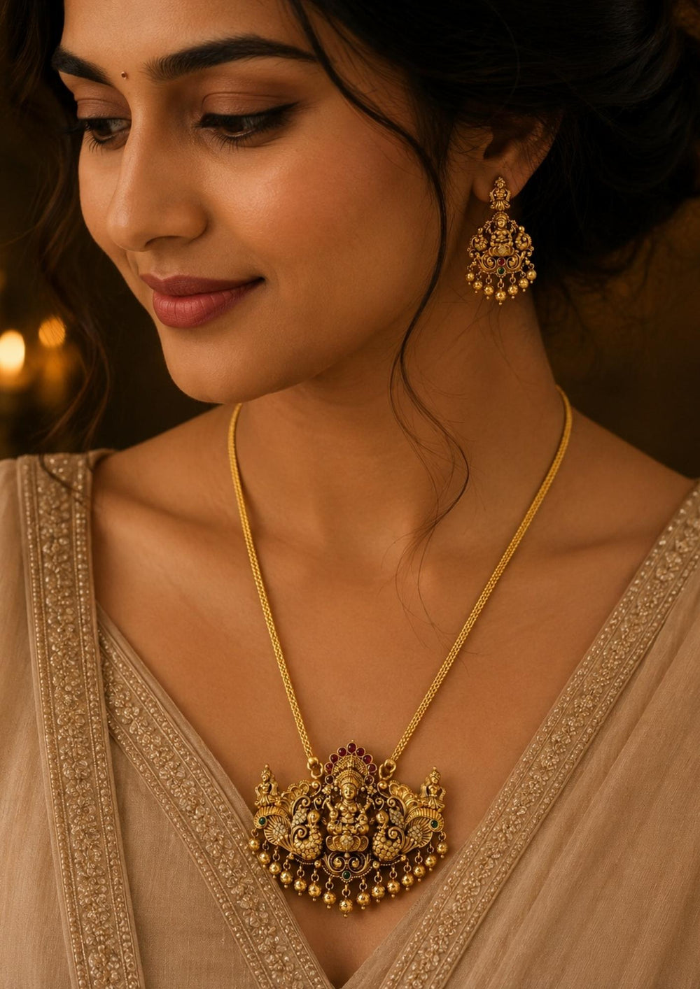 South Indian Women wearing a a traditional gold plated temple jewelry set ifeaturing a grand, broad detachable pendant and matching hanging earrings. The antique-finished pieces are intricately embossed with a seated Goddess Lakshmi motif flanked by detailed peacocks, accented with ruby-pink stone crowns and dangling gold bead drops perfect for weddings, functions, poojas