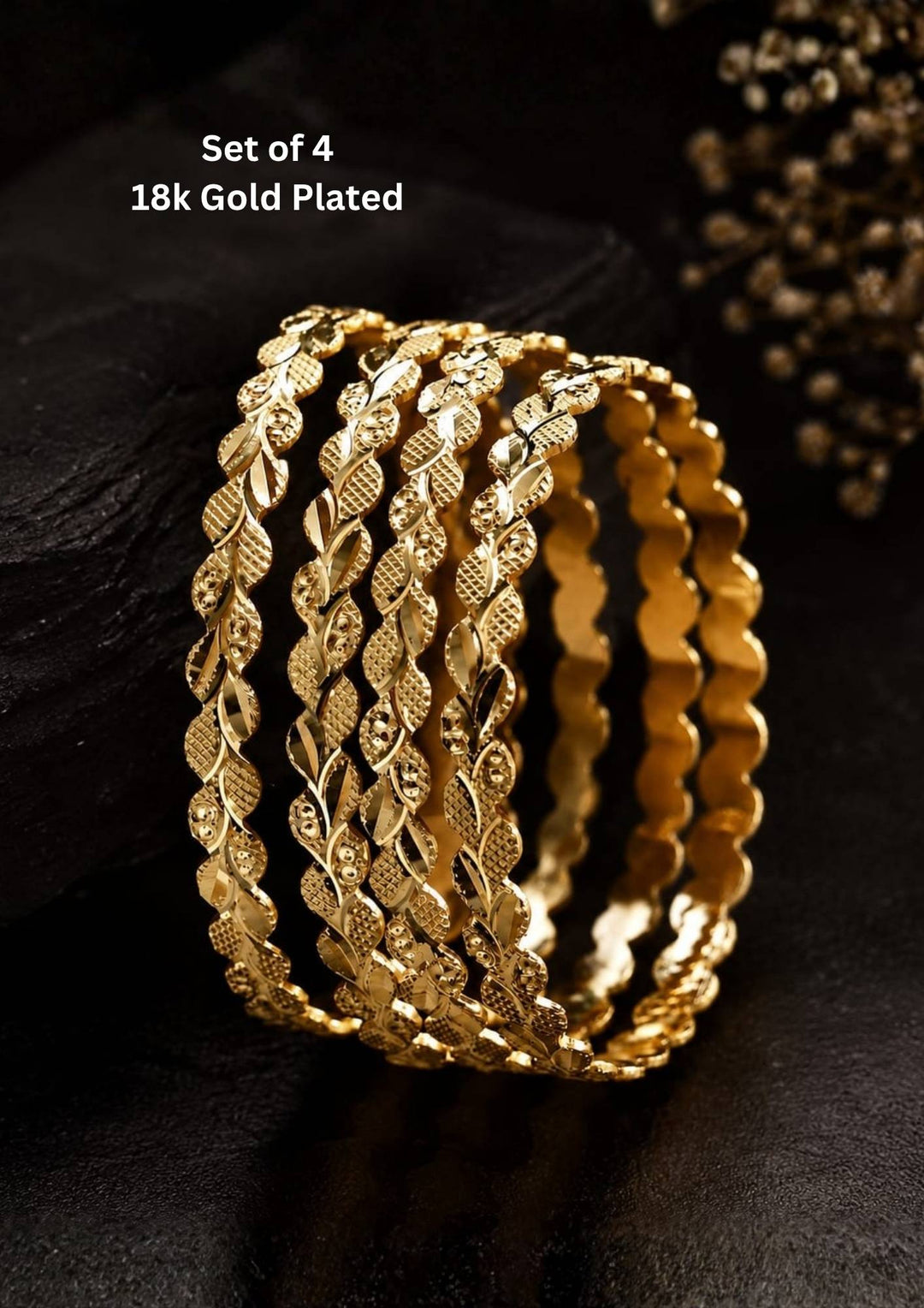 Four slim gold-plated rings stacked together Classic gold plated bangles with intricate engraved detailing for a timeless traditional look. Perfect for parties, office wear and it comes with anti tarnish color, skin friendly and sweat proof.