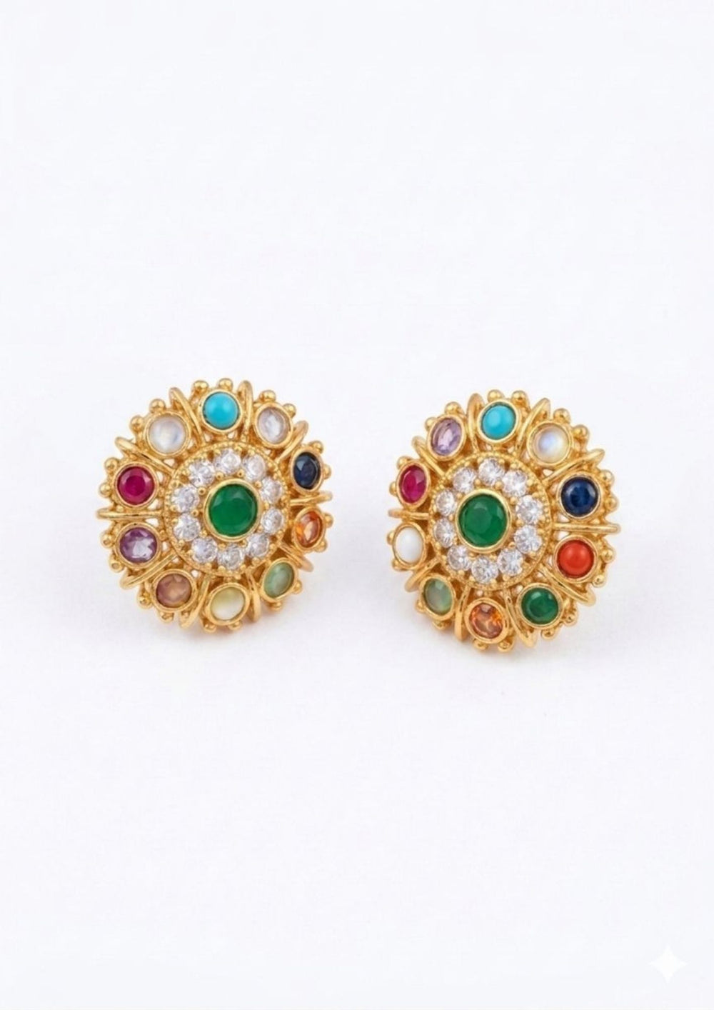  gold plated  navarathna studs white background flat detail for functional, festive , south indian festivals