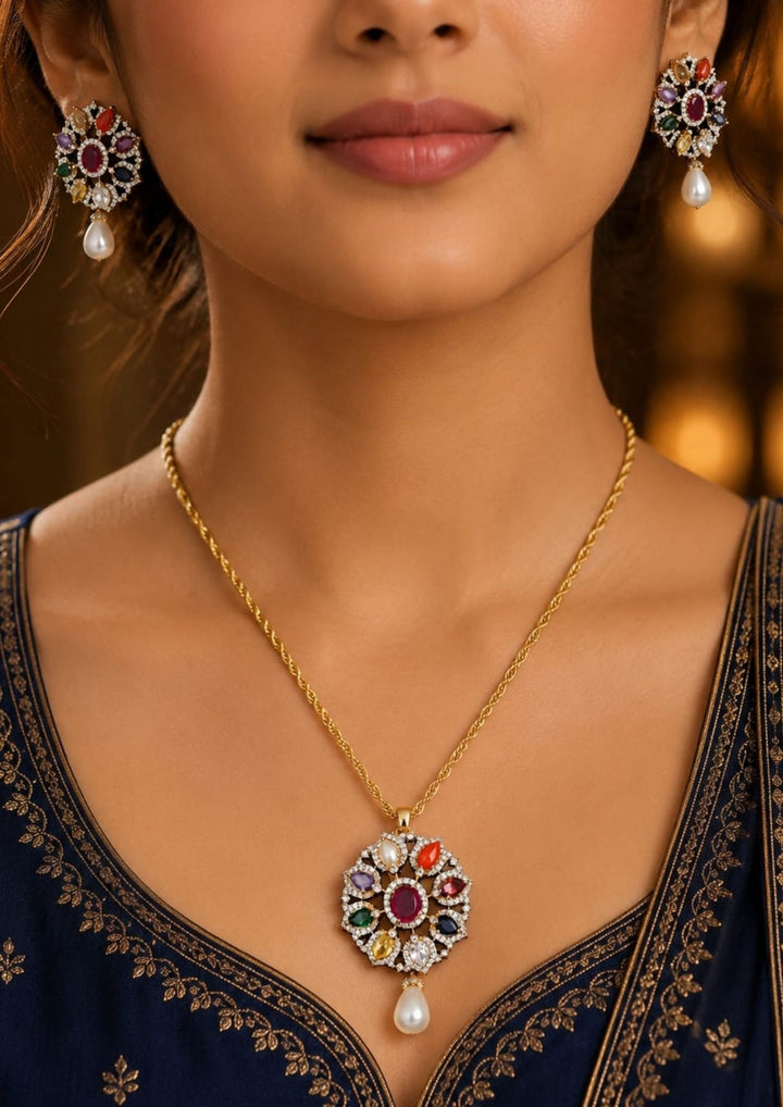 Zircon Diamond Flower Design Pendant with Earrings