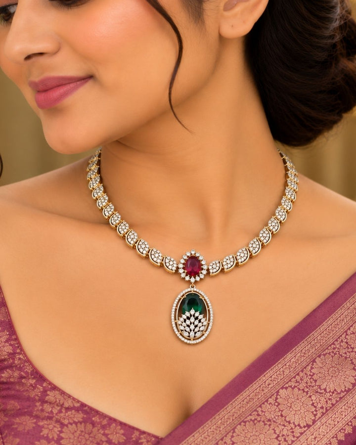 Zircon Diamond Gold Plated Emerald &amp; Ruby Necklace Set