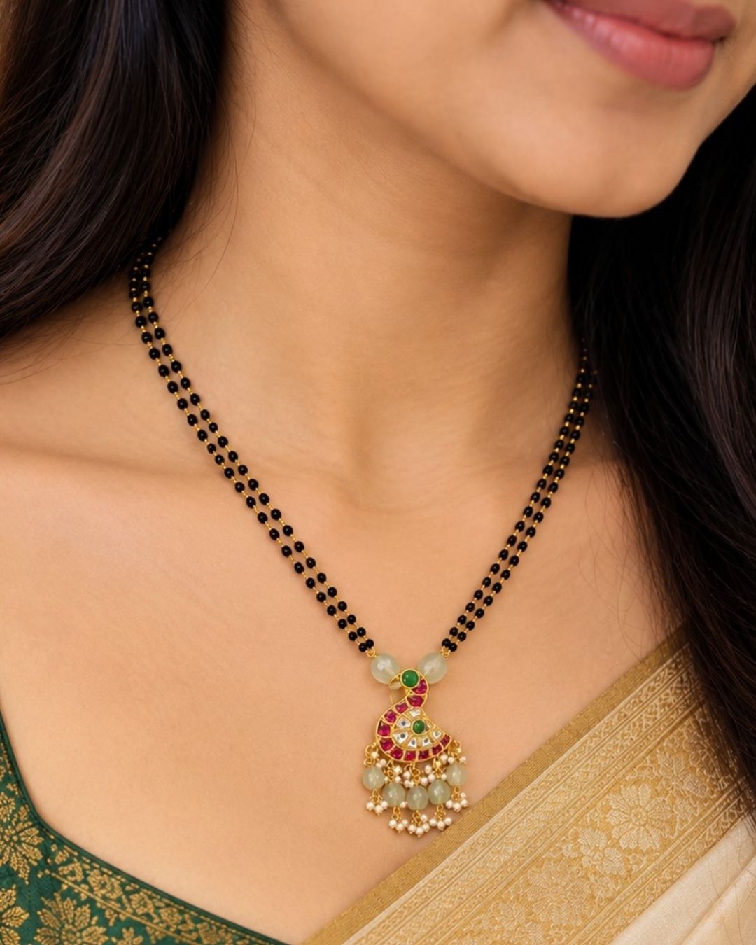 Premium Gold Plated Peacock Mangalsutra With Mint Beads