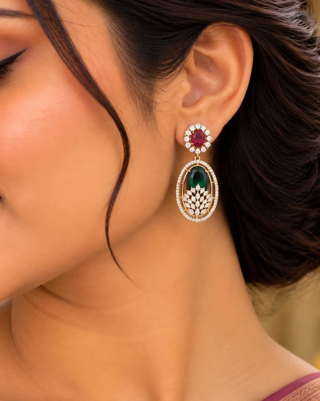 Zircon Diamond Gold Plated Emerald &amp; Ruby Necklace Set