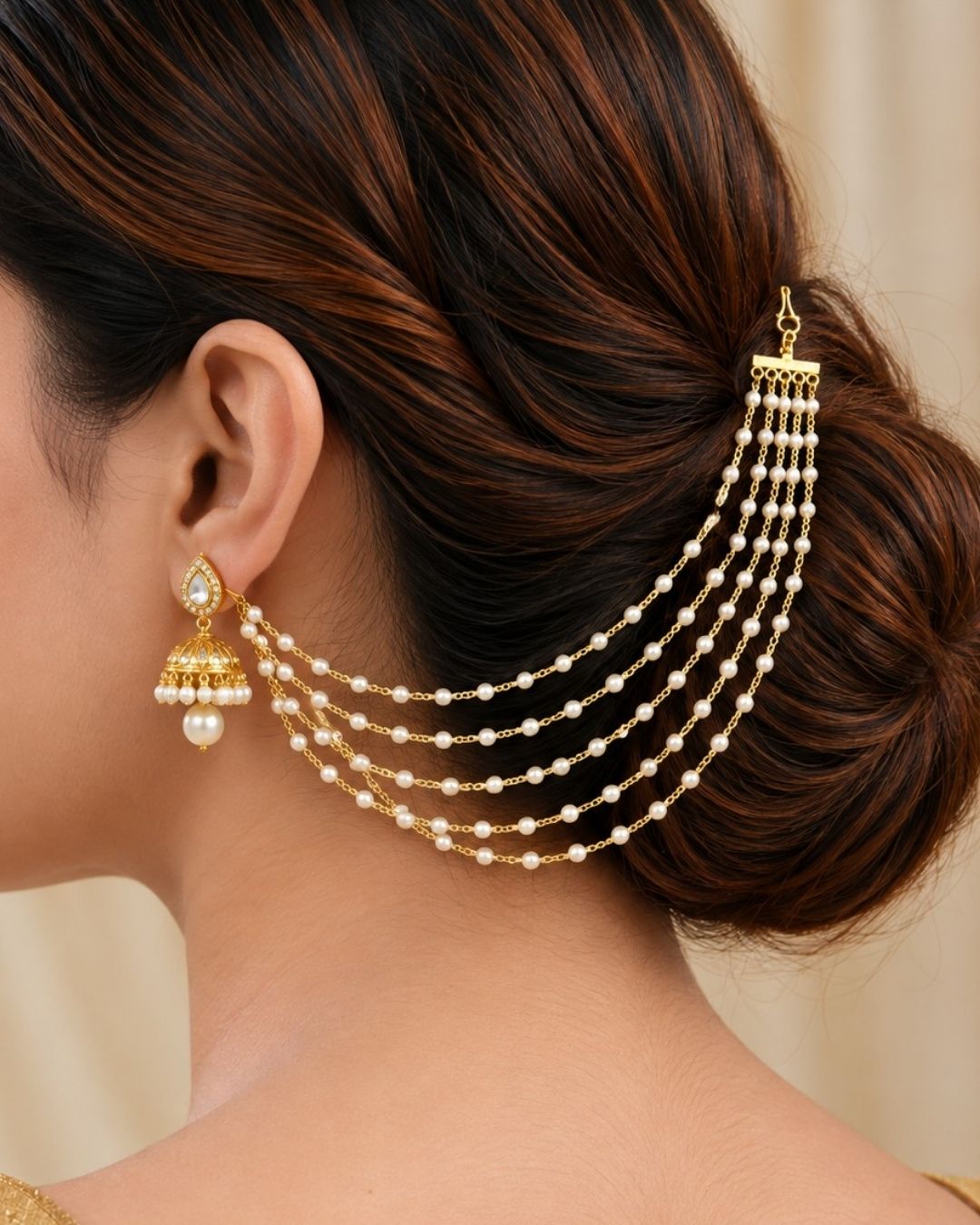 Kundan &amp; Beads Gold Plated Earchains set of 2  r10520