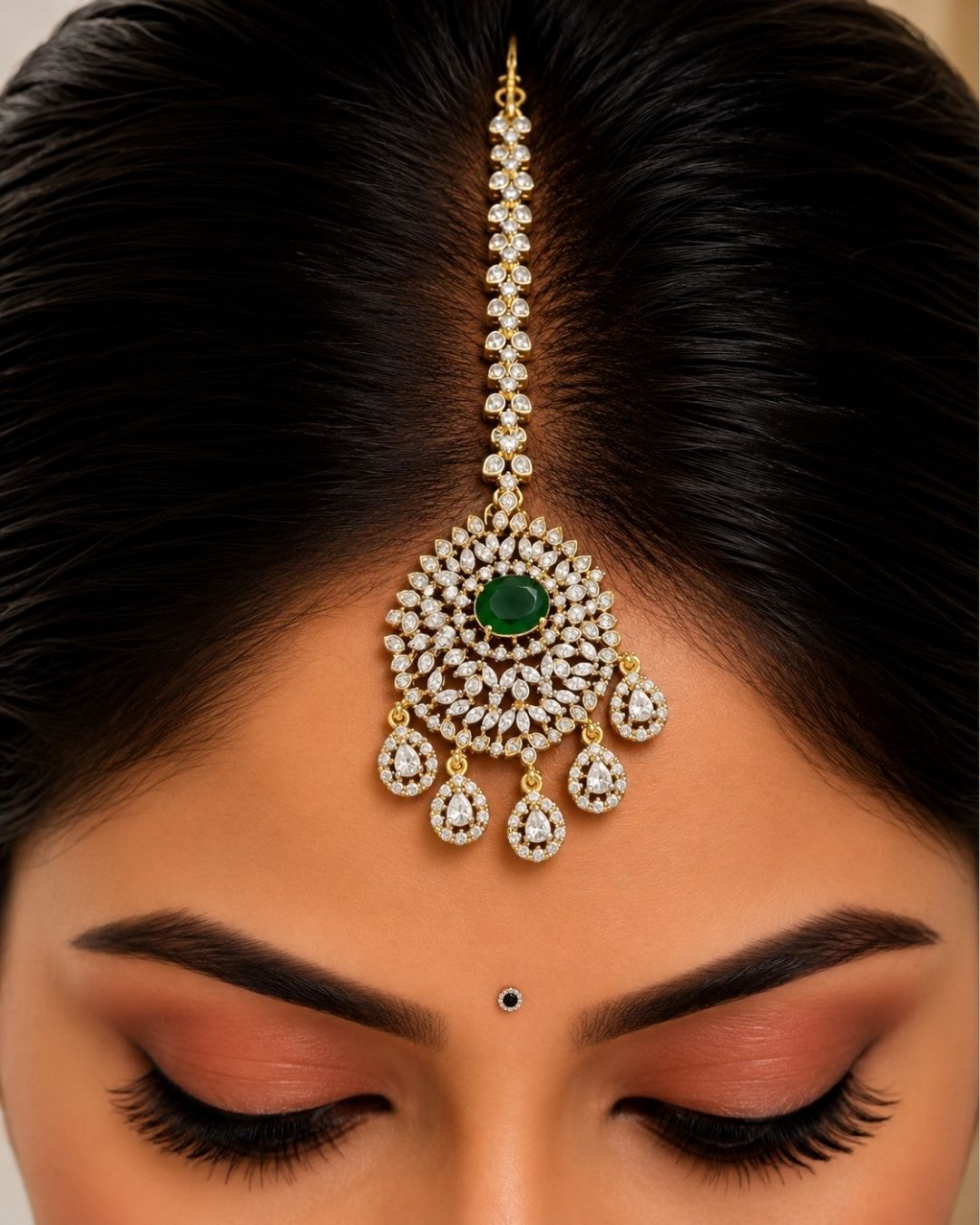 Zircon Diamond Gold Plated Floral Mangtikka